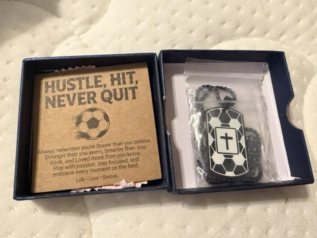 Soccer Ball Dog Tag Necklace with Cross, Gift Box and Card