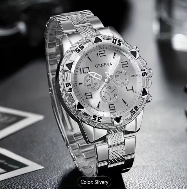 Geneva Silver-Tone Quartz Wristwatch, Chronograph Style Dial