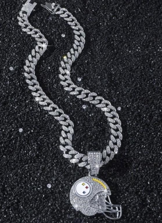 Pittsburgh Steelers Football Helmet Rhinestone Pendant on Iced Cuban Link Chain for…