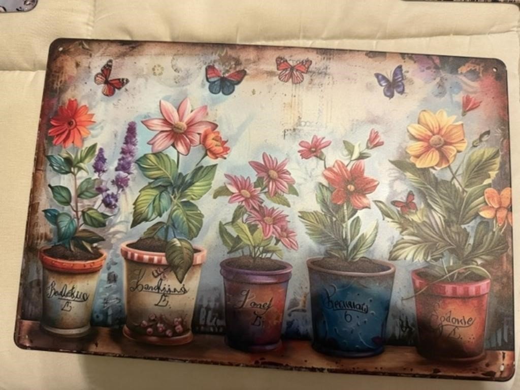 Decorative Floral Pots and Butterflies Metal Wall Sign
