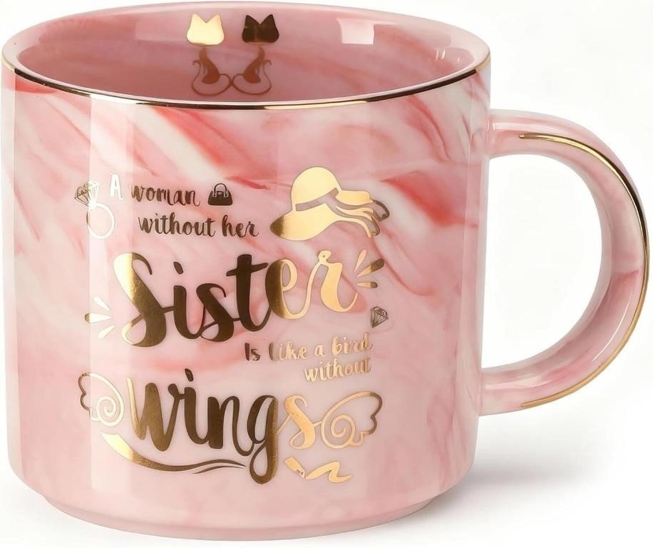 Pink Marble Ceramic Mug With Gold Sister Motto