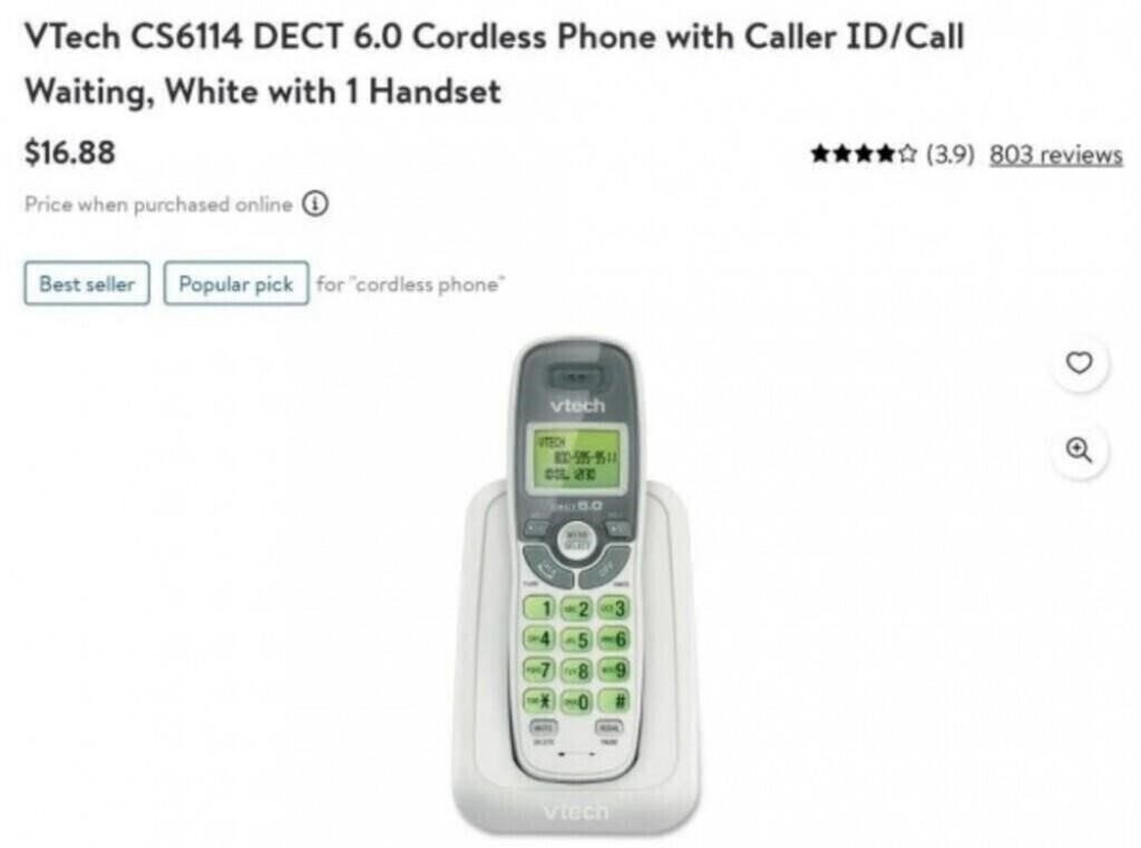 VTech CS6114 DECT 6.0 Cordless Phone with Caller ID, White