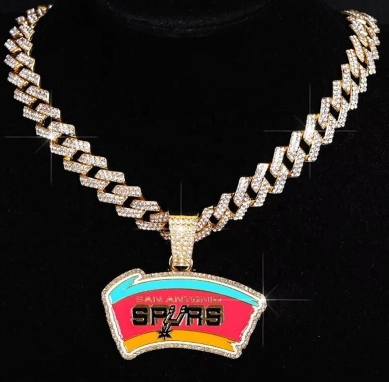 Gold-Tone Rhinestone Cuban Chain With San Antonio Spurs Enamel Pendant
