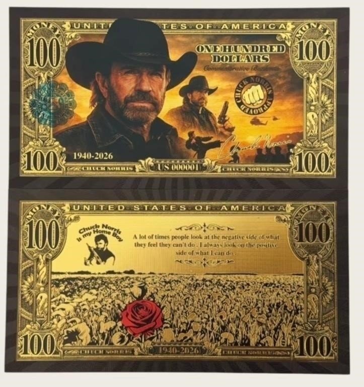 Chuck Norris Commemorative Gold-Tone Novelty $100 Note