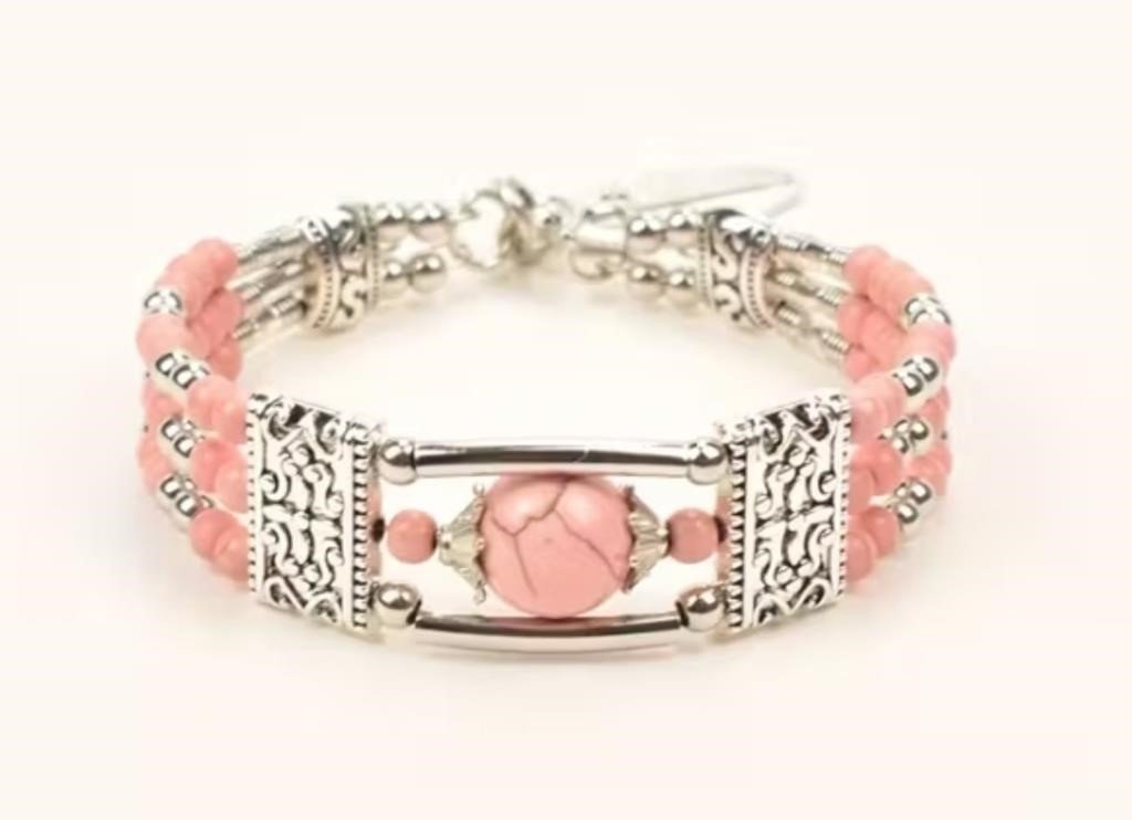Pink Bead and Silver-Tone Multi-Strand Bracelet with Central Stone