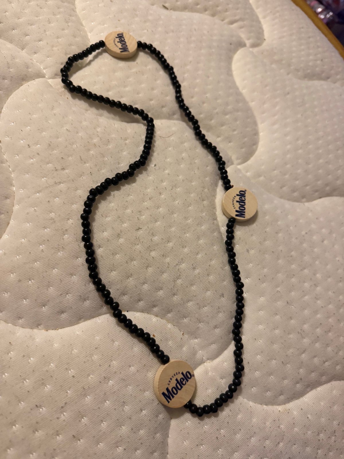 Cerveza Modelo Promotional Black Bead Necklace With Three Wooden Discs