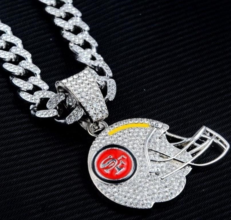 San Francisco 49ers Rhinestone Football Helmet Pendant on Cuban Link Chain