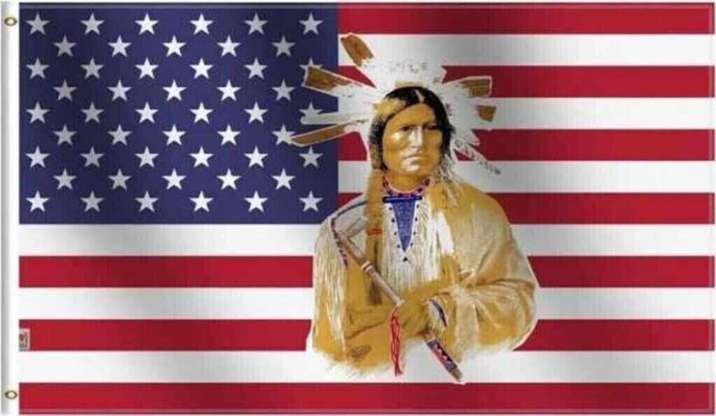 Printed Polyester Flag With Native American Chief Motif 3x5