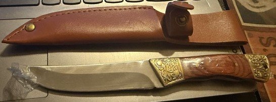 Fixed-Blade Knife With Brass Bolsters and Leather Sheath