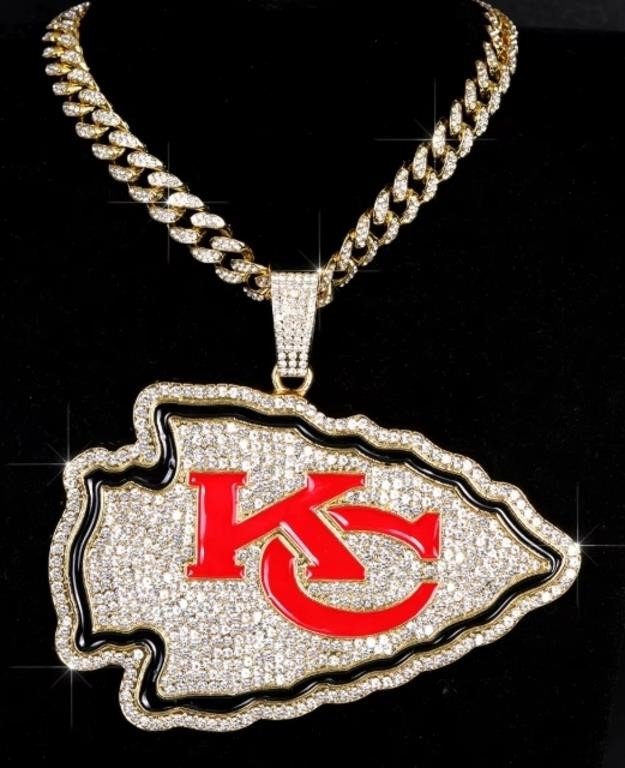 Kansas City Chiefs Iced-Out Arrowhead Logo Pendant Necklace with Cuban Link Chain for…