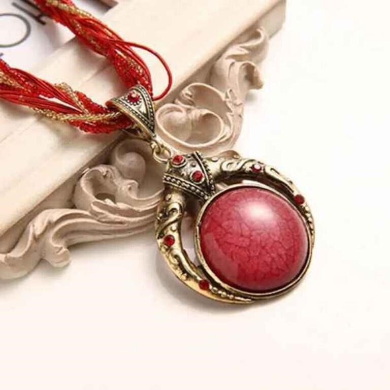 Red Cabochon Pendant on Braided Red Cord