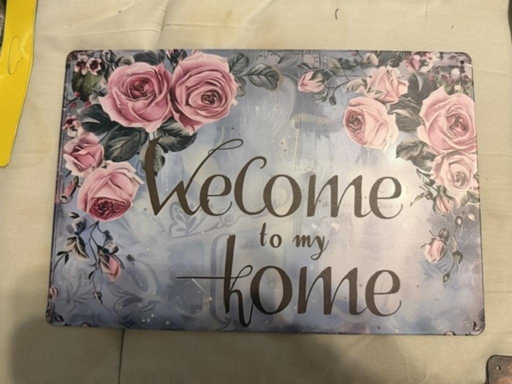Pink Rose Decorative Metal Sign, Welcome to My Home