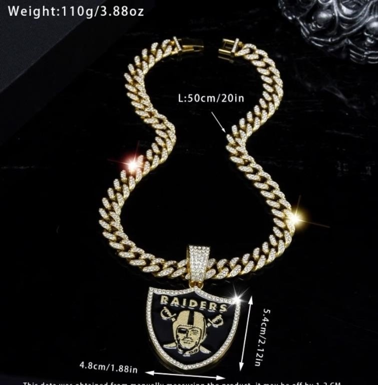 Gold-Tone Rhinestone Cuban Link Chain With Las Vegas Raiders Shield Pendant