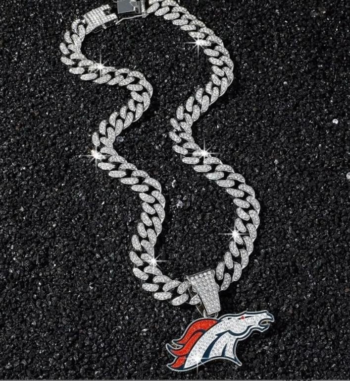 Denver Broncos Iced Out Cuban Link Chain and Logo Pendant Necklace for Denver…