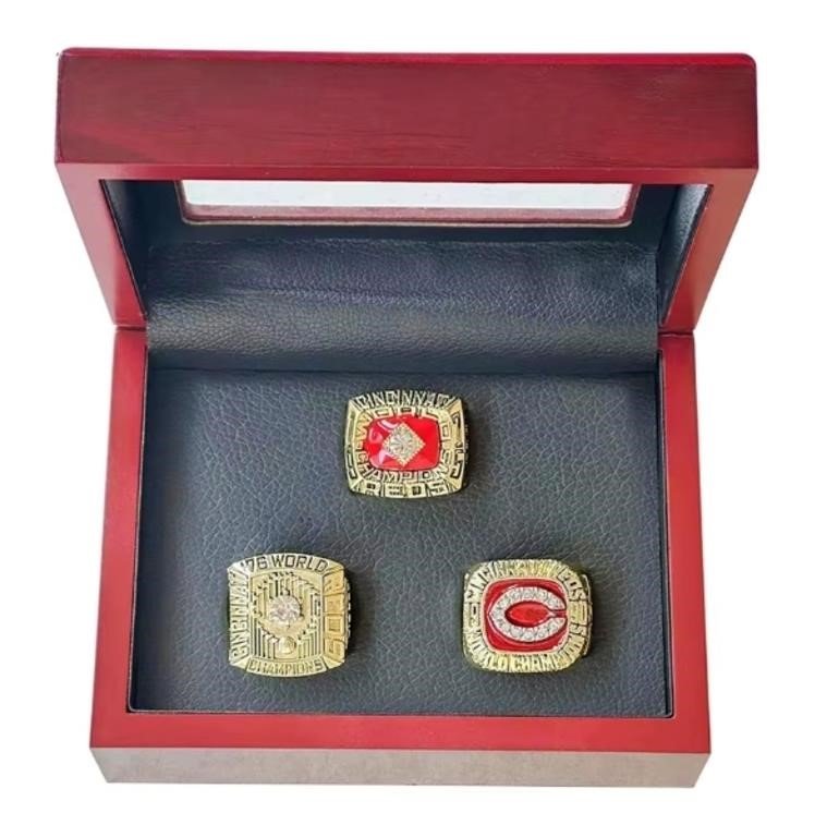 Cincinnati Reds Replica Championship Ring Set, Three Rings w/Display Case