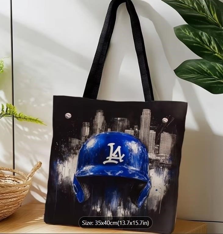 Canvas Tote Bag With Los Angeles Dodgers Baseball Helmet Graphic