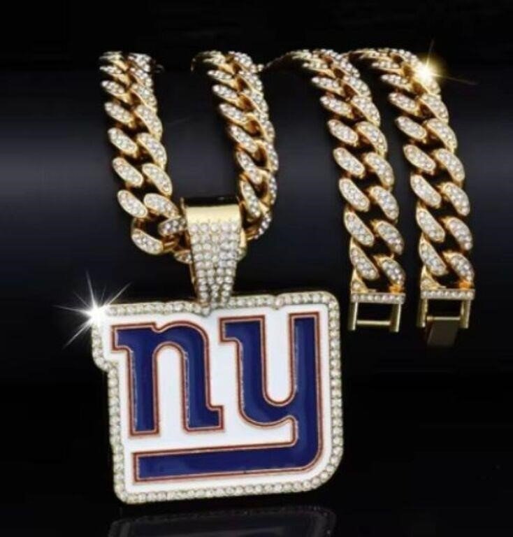 New York Giants Iced Out Logo Pendant with Cuban Link Chain Necklace for New York…