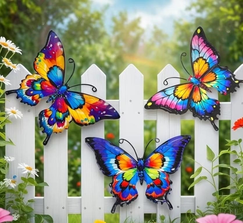 Three Painted Metal Butterfly Garden Wall Decor Pieces
