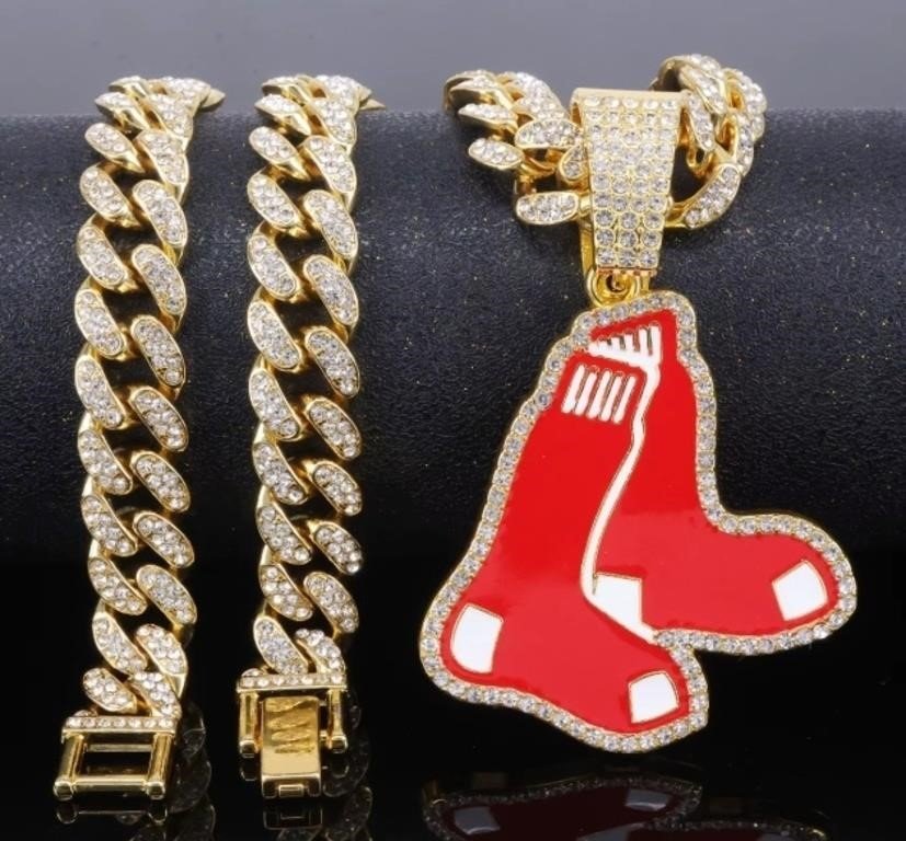 Boston Red Sox Logo Iced Out Pendant Necklace and Bracelet Set for Boston Red Sox
