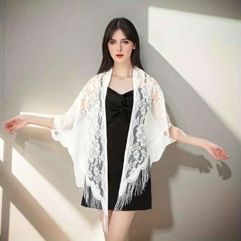 White Floral Lace Shawl with Fringe Trim