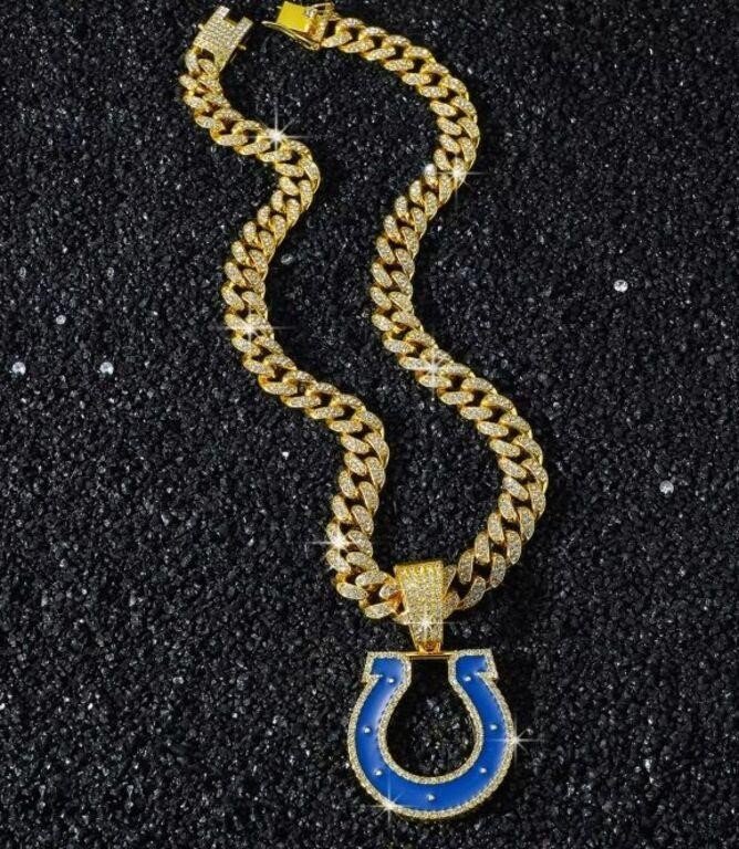 Indianapolis Colts Horseshoe Logo Iced Out Pendant Cuban Link Chain Necklace for NFL