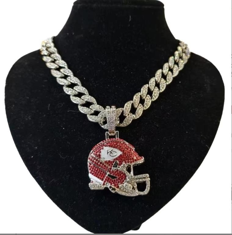 Kansas City Chiefs Iced Out Football Helmet Pendant Cuban Link Chain Necklace…