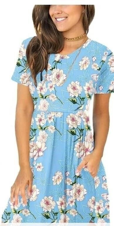 Light Blue Floral Short-Sleeve Midi Dress Size Small