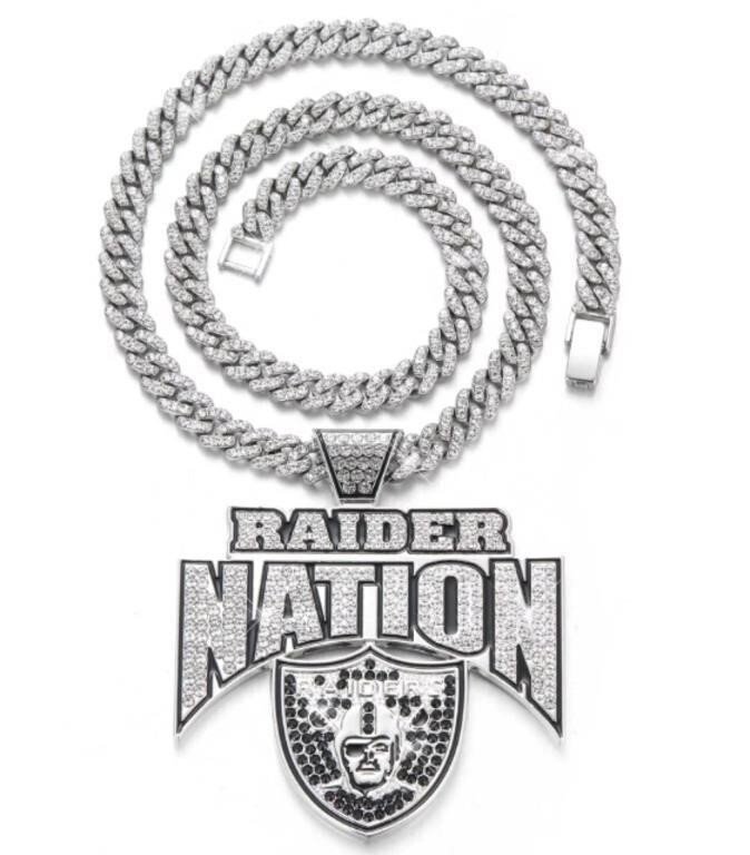 Las Vegas Raiders "Raider Nation" Iced Out Pendant and Cuban Link Chain Necklace for…