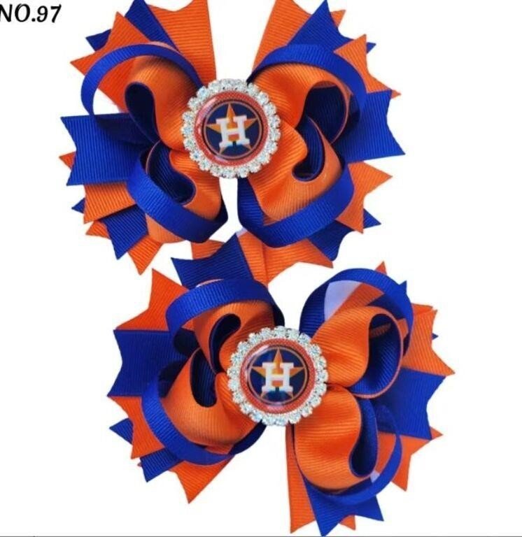 Houston Astros Hair Bows Clip with Teeth alligator Clips Qty 2 NEW